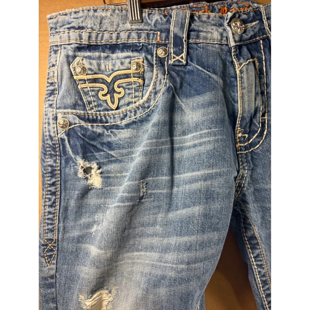 Rock Revival Richie Slim Straight Jeans Mens 34 Blue Distressed Thick Stitch
